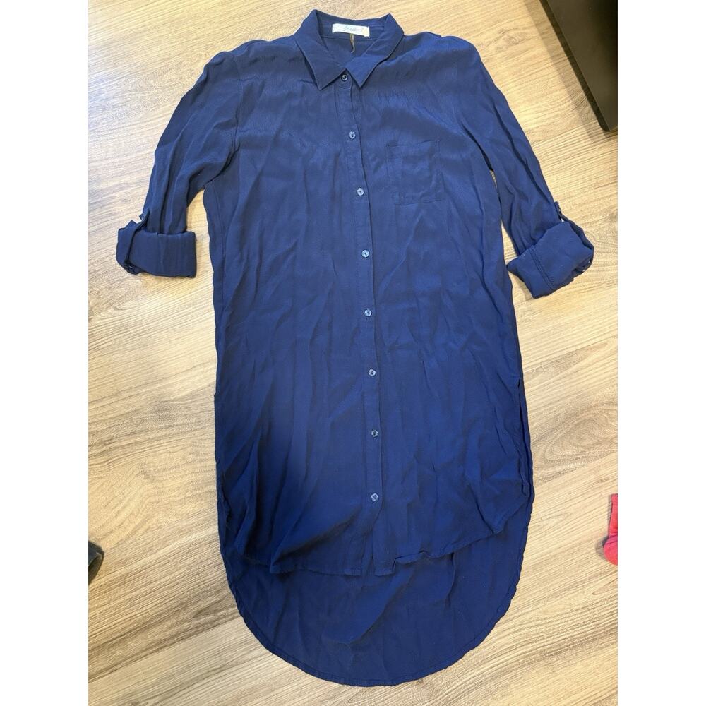 Freebird Navy Blue Tunic Shirt Small Button Down High Low Hem Roll Tab Sleeve